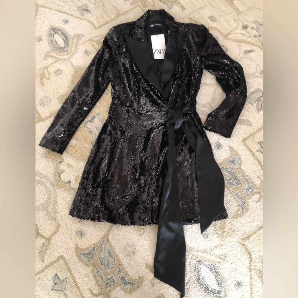 Zara Black sequin wrap dress NWT